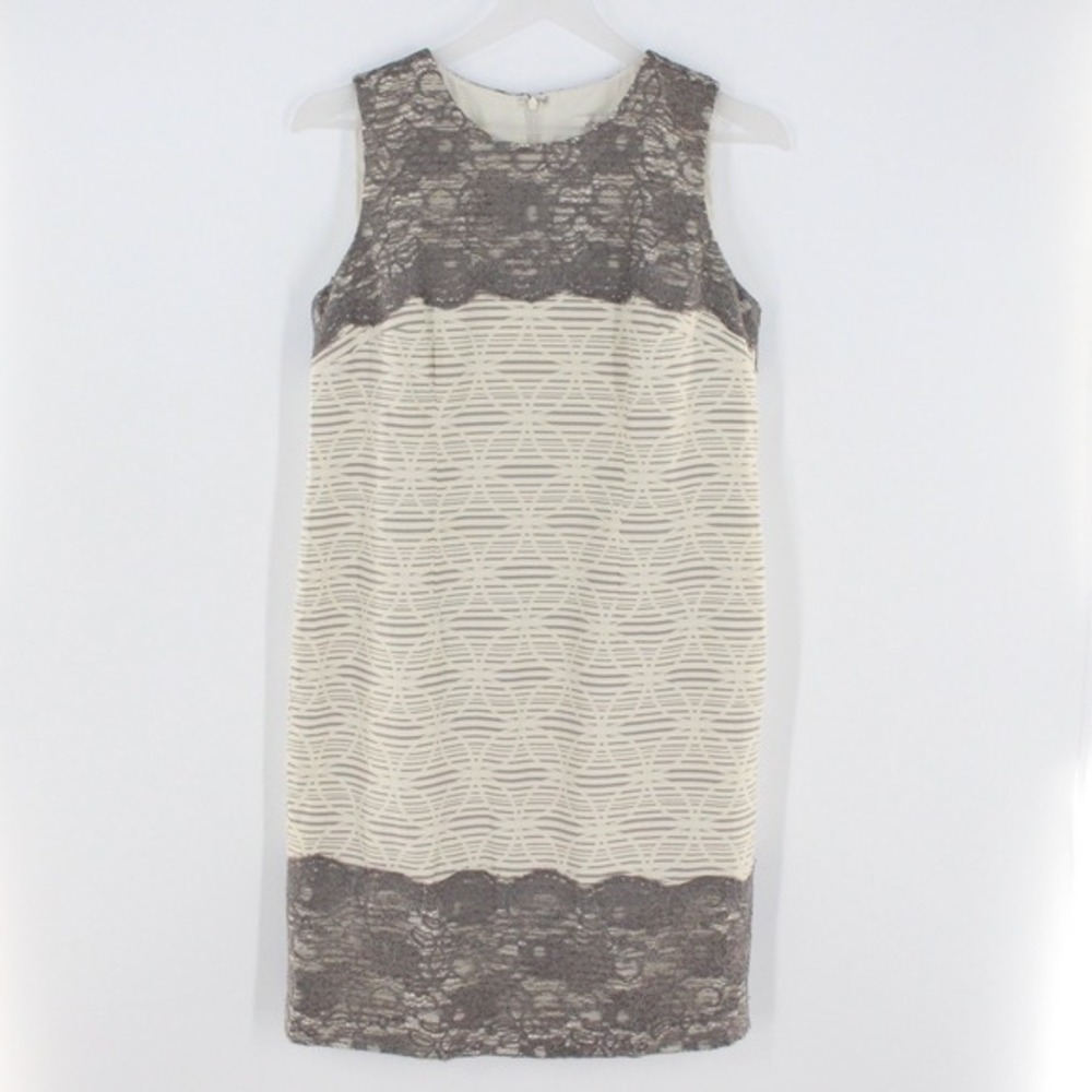 LOFT Petite Lace Shift Dress Sleeveless Scalloped Hem Grey Cream Size‎ 8P